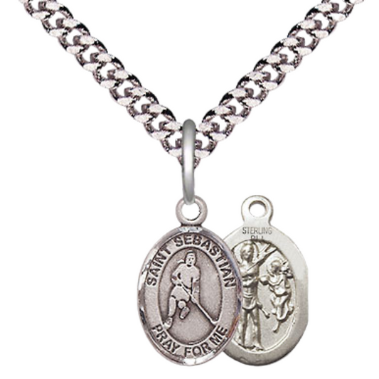 Small Sized Men's Pewter Saint St. Sebastian Ice Hockey Medal Pendant on 24 Inch Endless Rhodium Plated Heavy Curb Brass Chain, Catholic Religious Necklace - Made in USA- Deluxe Velvet Gift Box
