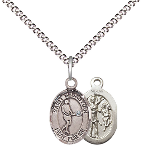 Small Sized Women's Pewter Saint Sebastian Tennis Medal Pendant on 18 Inch Rhodium Plated Lite Curb Brass Chain with Lobster Claw Clasp, Catholic Religious Necklace - Made in USA- Velvet Gift Box