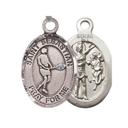 Small Sized Women's Pewter Saint Sebastian Tennis Medal Pendant on 18 Inch Rhodium Plated Lite Curb Brass Chain with Lobster Claw Clasp, Catholic Religious Necklace - Made in USA- Velvet Gift Box