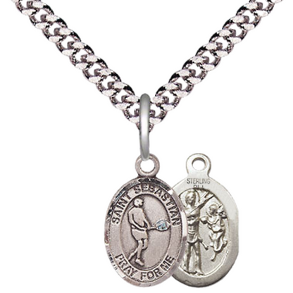 Small Sized Men's Pewter Saint St. Sebastian Tennis Medal Pendant on 24 Inch Endless Rhodium Plated Heavy Curb Brass Chain, Catholic Religious Necklace - Made in USA- Deluxe Velvet Gift Box