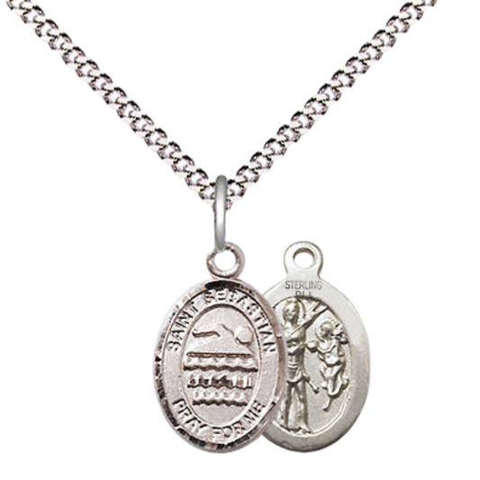 Small Sized Women's Pewter Saint St. Sebastian Swimming Medal Pendant on 18 Inch Rhodium Plated Lite Curb Brass Chain with Lobster Claw Clasp, Catholic Religious Necklace - Made in USA- Velvet Gift Box