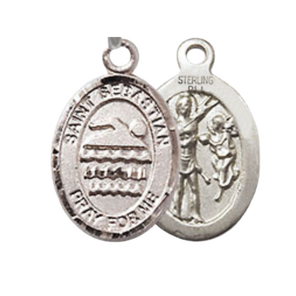 Small Sized Women's Pewter Saint St. Sebastian Swimming Medal Pendant on 18 Inch Rhodium Plated Lite Curb Brass Chain with Lobster Claw Clasp, Catholic Religious Necklace - Made in USA- Velvet Gift Box