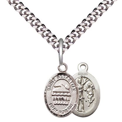 Small Sized Men's Pewter Saint St. Sebastian Swimming Medal Pendant on 24 Inch Endless Rhodium Plated Heavy Curb Brass Chain, Catholic Religious Necklace - Made in USA- Deluxe Velvet Gift Box