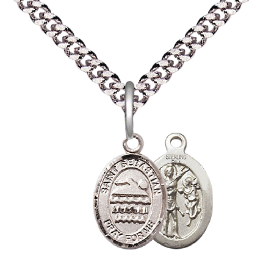 Small Sized Men's .925 Sterling Silver Saint St. Sebastian Swimming Medal Pendant on 24 Inch Endless Rhodium Plated Heavy Curb Brass Chain, Catholic Religious Necklace - Made in USA- Deluxe Velvet Gift Box