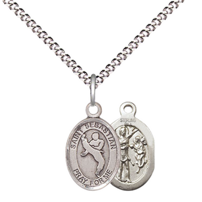 Small Sized Women's Pewter Saint St. Sebastian Martial Arts Medal Pendant on 18 Inch Rhodium Plated Lite Curb Brass Chain with Lobster Claw Clasp, Catholic Religious Necklace - Made in USA- Velvet Gift Box
