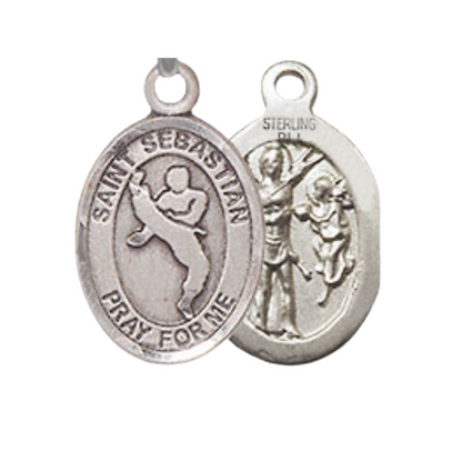 Small Sized Women's Pewter Saint St. Sebastian Martial Arts Medal Pendant on 18 Inch Rhodium Plated Lite Curb Brass Chain with Lobster Claw Clasp, Catholic Religious Necklace - Made in USA- Velvet Gift Box