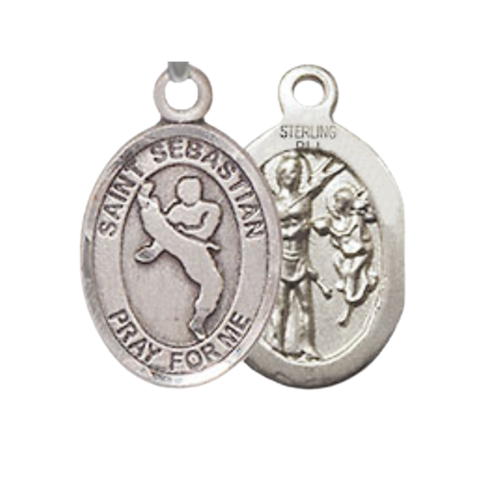 Small Sized Women's .925 Sterling Silver Saint St. Sebastian Martial Arts Medal Pendant on 18 Inch Rhodium Plated Lite Curb Brass Chain w/ Lobster Claw Clasp, Catholic Religious Necklace - Made in USA- Velvet Gift Box