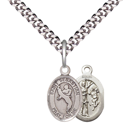 Small Sized Men's .925 Sterling Silver Saint St. Sebastian Martial Arts Medal Pendant on 24 Inch Endless Rhodium Plated Heavy Curb Brass Chain, Catholic Religious Necklace - Made in USA- Deluxe Velvet Gift Box