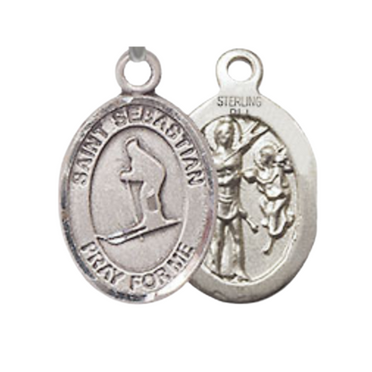 Small Sized Women's Pewter Saint St. Sebastian Skiing Medal Pendant on 18 Inch Rhodium Plated Lite Curb Brass Chain with Lobster Claw Clasp, Catholic Religious Necklace - Made in USA- Velvet Gift Box