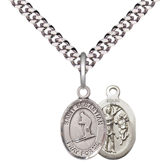 Small Sized Men's .925 Sterling Silver Saint St. Sebastian Skiing Medal Pendant on 24 Inch Endless Rhodium Plated Heavy Curb Brass Chain, Catholic Religious Necklace - Made in USA- Deluxe Velvet Gift Box