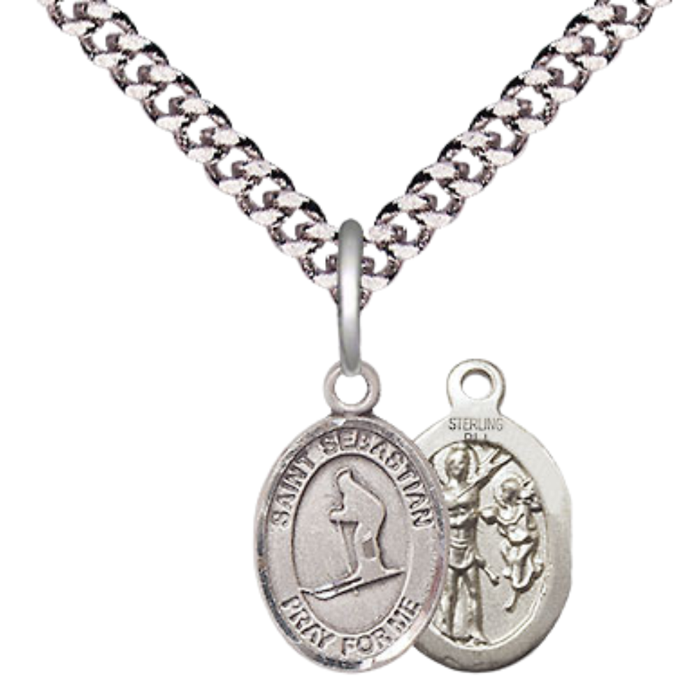 Small Sized Men's Pewter Saint St. Sebastian Skiing Medal Pendant on 24 Inch Endless Rhodium Plated Heavy Curb Brass Chain, Catholic Religious Necklace - Made in USA- Deluxe Velvet Gift Box