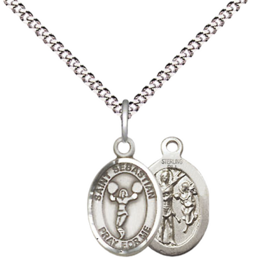 Small Sized Women's .925 Sterling Silver Saint St. Sebastian Cheerleading Medal Pendant on 18 Inch Rhodium Plated Lite Curb Brass Chain w/ Lobster Claw Clasp, Catholic Religious Necklace - Made in USA- Velvet Gift Box