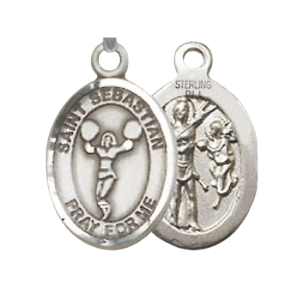Small Sized Men's Pewter Saint St. Sebastian Cheerleading Medal Pendant on 24 Inch Endless Rhodium Plated Heavy Curb Brass Chain, Catholic Religious Necklace - Made in USA- Deluxe Velvet Gift Box