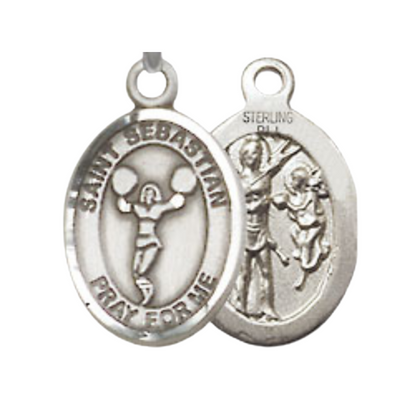 Small Sized Women's Pewter Saint Sebastian Cheerleading Medal Pendant on 18 Inch Rhodium Plated Lite Curb Brass Chain with Lobster Claw Clasp, Catholic Religious Necklace - Made in USA- Velvet Gift Box