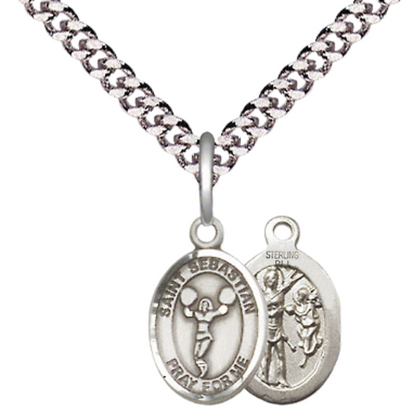 Small Sized Men's .925 Sterling Silver Saint St. Sebastian Cheerleading Medal Pendant on 24 Inch Endless Rhodium Plated Heavy Curb Brass Chain, Catholic Religious Necklace - Made in USA- Deluxe Velvet Gift Box