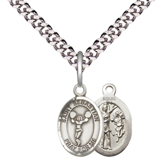 Small Sized Men's Pewter Saint St. Sebastian Cheerleading Medal Pendant on 24 Inch Endless Rhodium Plated Heavy Curb Brass Chain, Catholic Religious Necklace - Made in USA- Deluxe Velvet Gift Box