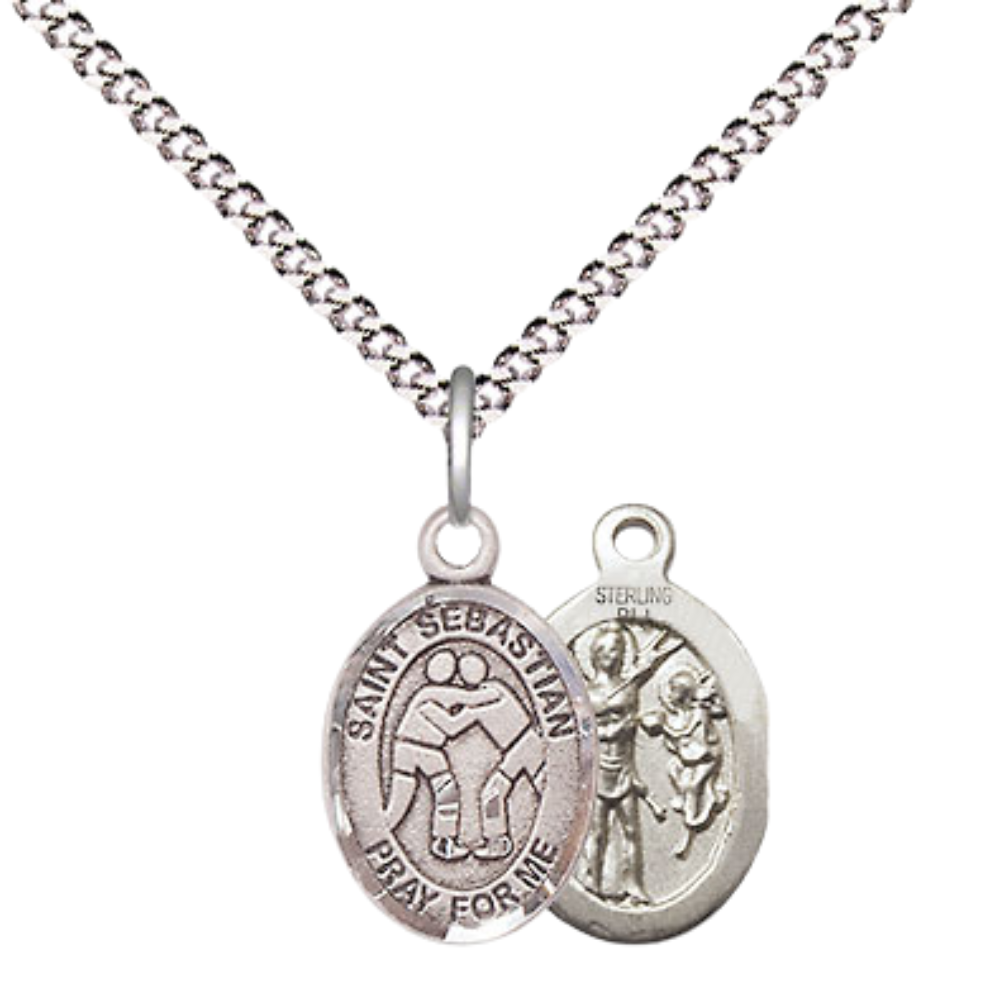 Small Sized Women's Pewter Saint Sebastian Wrestling Medal Pendant on 18 Inch Rhodium Plated Lite Curb Brass Chain with Lobster Claw Clasp, Catholic Religious Necklace - Made in USA- Velvet Gift Box