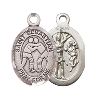 Small Sized Women's Pewter Saint Sebastian Wrestling Medal Pendant on 18 Inch Rhodium Plated Lite Curb Brass Chain with Lobster Claw Clasp, Catholic Religious Necklace - Made in USA- Velvet Gift Box