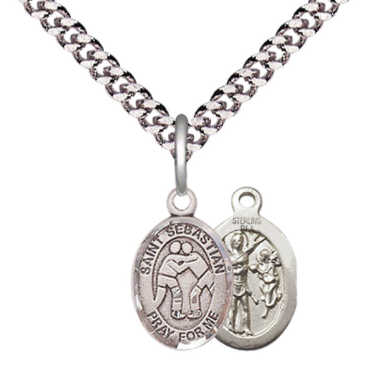Small Sized Men's Pewter Saint St. Sebastian Wrestling Medal Pendant on 24 Inch Endless Rhodium Plated Heavy Curb Brass Chain, Catholic Religious Necklace - Made in USA- Deluxe Velvet Gift Box