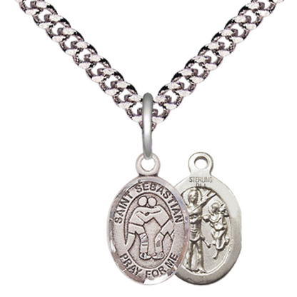 Small Sized Men's .925 Sterling Silver Saint St. Sebastian Wrestling Medal Pendant on 24 Inch Endless Rhodium Plated Heavy Curb Brass Chain, Catholic Religious Necklace - Made in USA- Deluxe Velvet Gift Box
