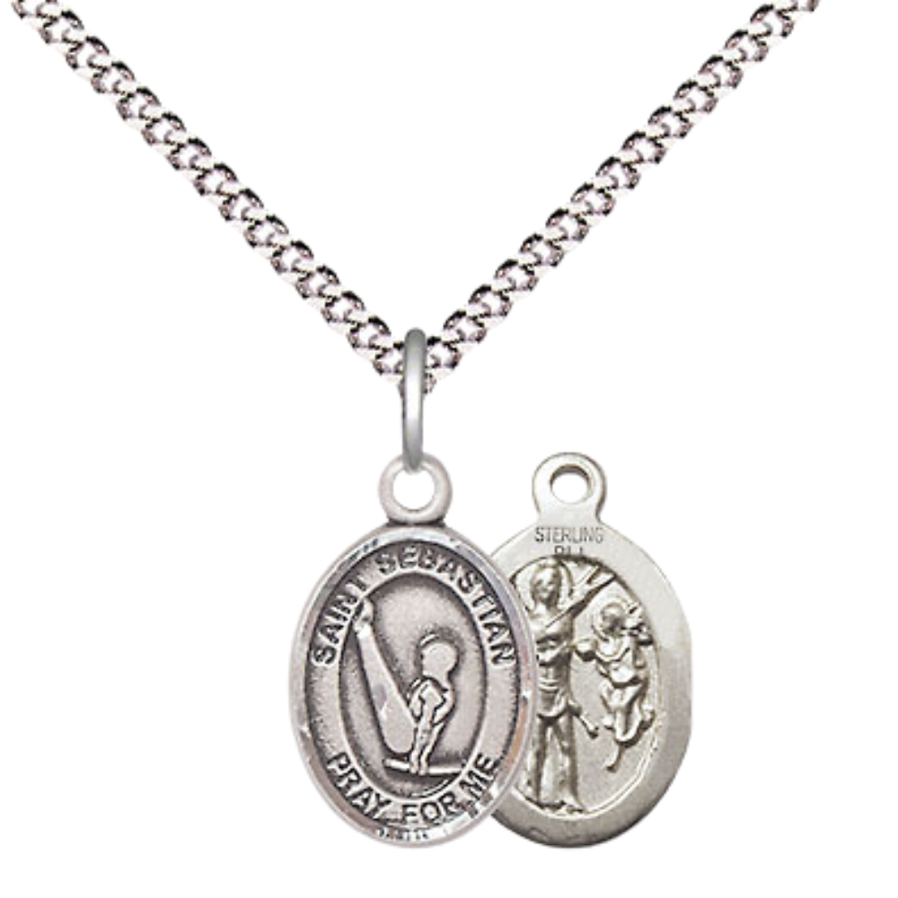 Small Sized Women's Pewter Saint St. Sebastian Gymnastics Medal Pendant on 18 Inch Rhodium Plated Lite Curb Brass Chain with Lobster Claw Clasp, Catholic Religious Necklace - Made in USA- Velvet Gift Box