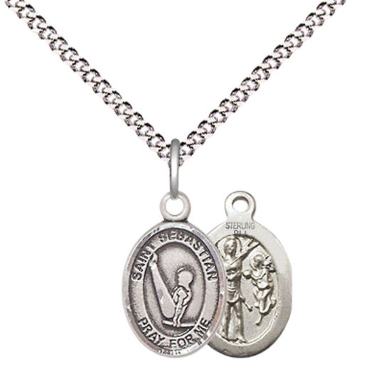 Small Sized Women's Pewter Saint St. Sebastian Gymnastics Medal Pendant on 18 Inch Rhodium Plated Lite Curb Brass Chain with Lobster Claw Clasp, Catholic Religious Necklace - Made in USA- Velvet Gift Box