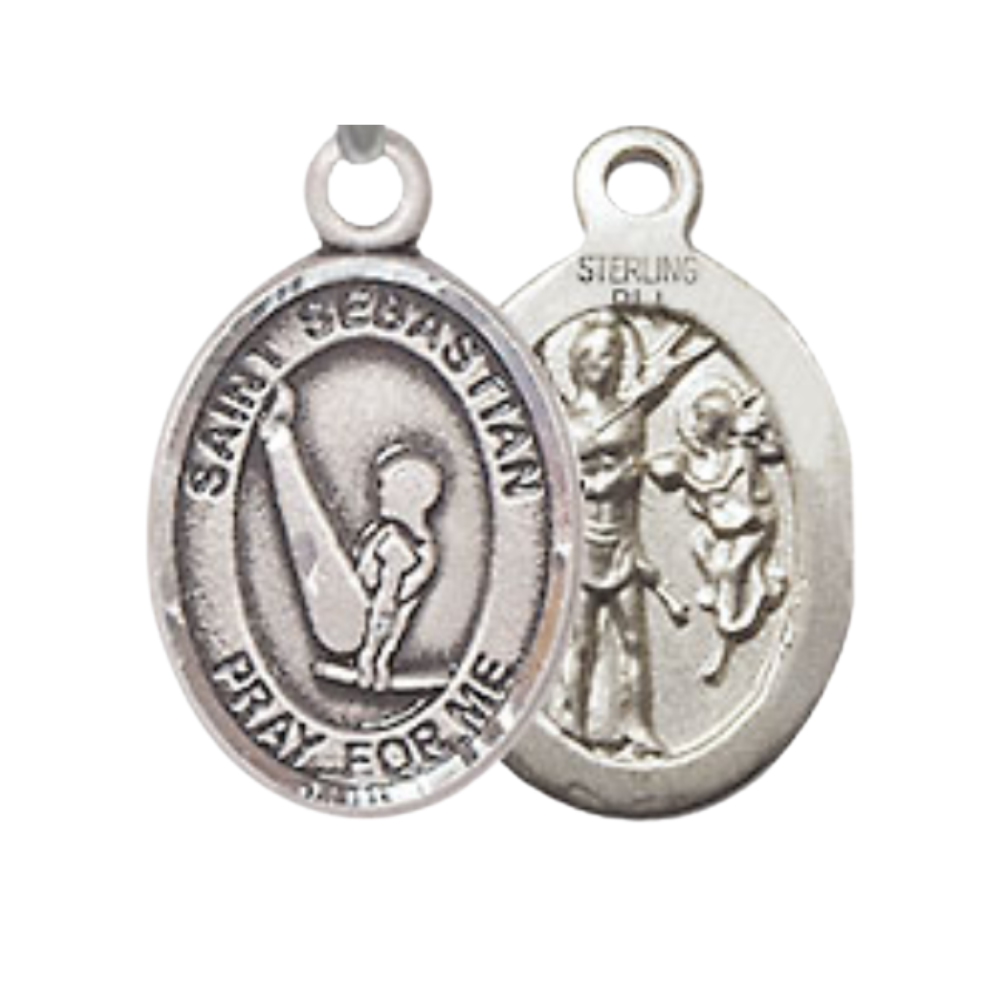 Small Sized Men's Pewter Saint St. Sebastian Gymnastics Medal Pendant on 24 Inch Endless Rhodium Plated Heavy Curb Brass Chain, Catholic Religious Necklace - Made in USA- Deluxe Velvet Gift Box