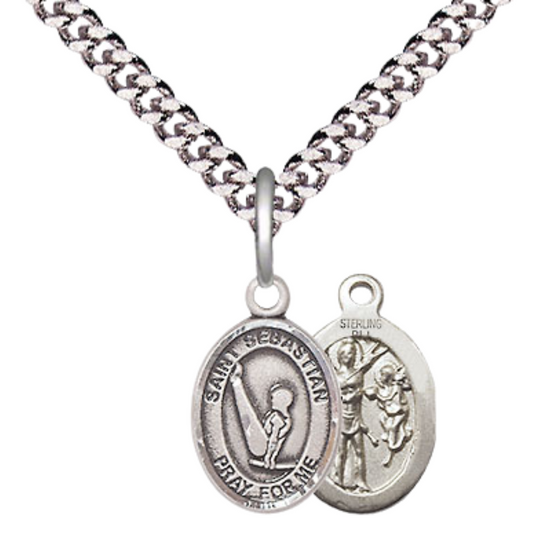 Small Sized Men's Pewter Saint St. Sebastian Gymnastics Medal Pendant on 24 Inch Endless Rhodium Plated Heavy Curb Brass Chain, Catholic Religious Necklace - Made in USA- Deluxe Velvet Gift Box