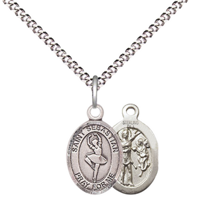Small Sized Women's Pewter Saint St. Sebastian Dance Medal Pendant on 18 Inch Rhodium Plated Lite Curb Brass Chain with Lobster Claw Clasp, Catholic Religious Necklace - Made in USA- Velvet Gift Box