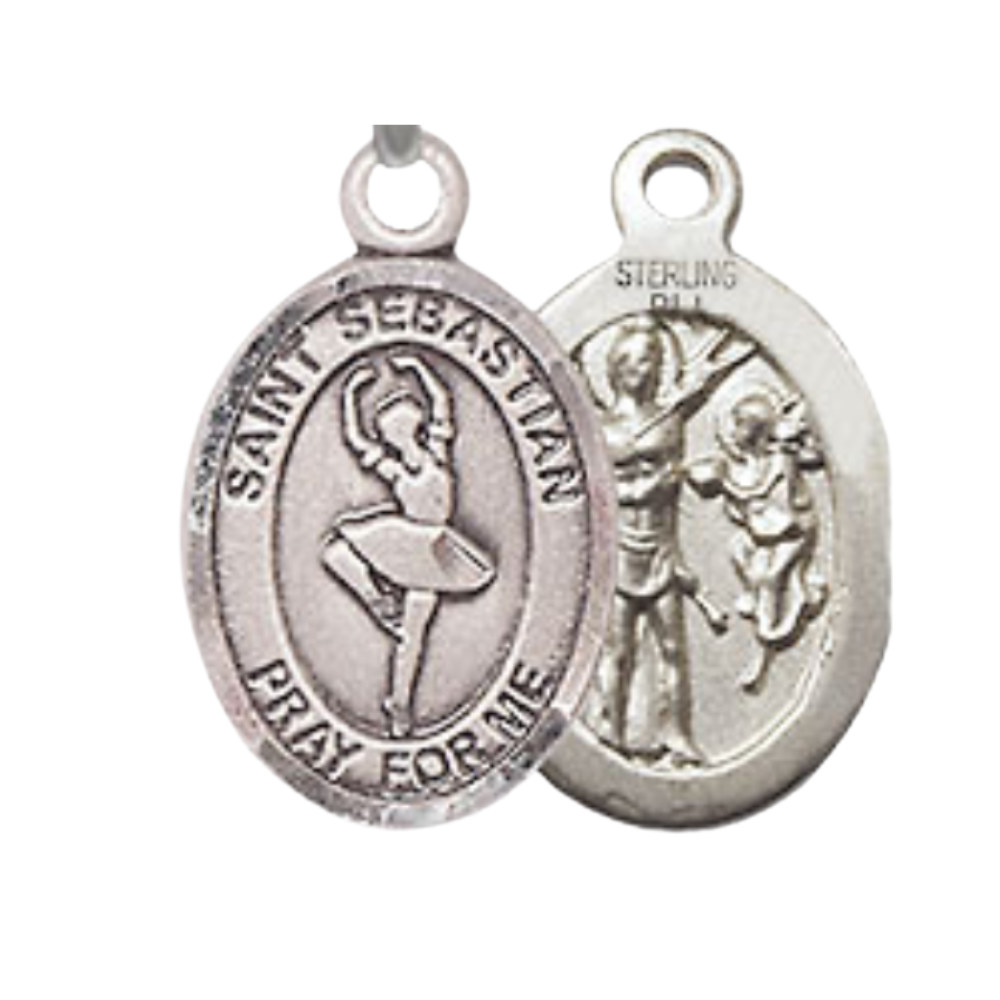 Small Sized Men's Pewter Saint St. Sebastian Dance Medal Pendant on 24 Inch Endless Rhodium Plated Heavy Curb Brass Chain, Catholic Religious Necklace - Made in USA- Deluxe Velvet Gift Box