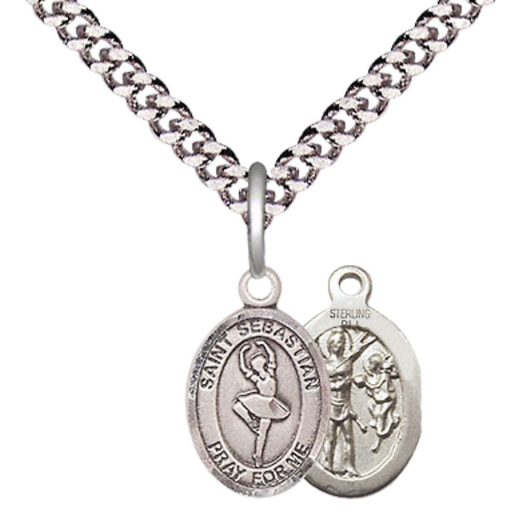 Small Sized Men's Pewter Saint St. Sebastian Dance Medal Pendant on 24 Inch Endless Rhodium Plated Heavy Curb Brass Chain, Catholic Religious Necklace - Made in USA- Deluxe Velvet Gift Box