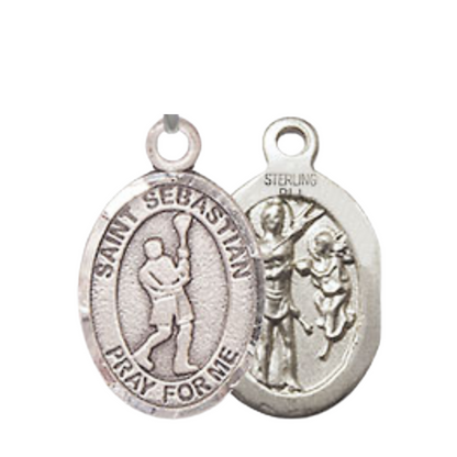 Small Sized Women's .925 Sterling Silver Saint St. Sebastian Lacrosse Medal Pendant on 18 Inch Rhodium Plated Lite Curb Brass Chain w/ Lobster Claw Clasp, Catholic Religious Necklace - Made in USA- Velvet Gift Box