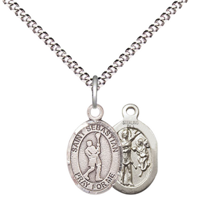 Small Sized Women's Pewter Saint St. Sebastian Lacrosse Medal Pendant on 18 Inch Rhodium Plated Lite Curb Brass Chain with Lobster Claw Clasp, Catholic Religious Necklace - Made in USA- Velvet Gift Box