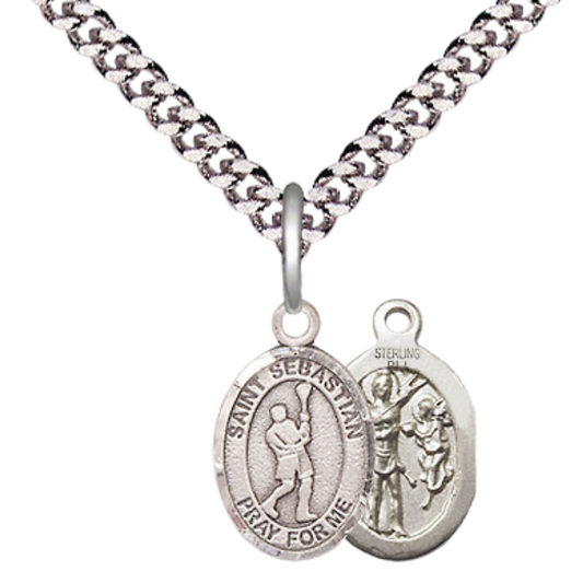Small Sized Men's Pewter Saint St. Sebastian Lacrosse Medal Pendant on 24 Inch Endless Rhodium Plated Heavy Curb Brass Chain, Catholic Religious Necklace - Made in USA- Deluxe Velvet Gift Box