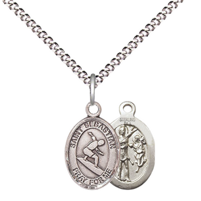Small Sized Women's .925 Sterling Silver Saint St. Sebastian Surfing Medal Pendant on 18 Inch Rhodium Plated Lite Curb Brass Chain with Lobster Claw Clasp, Catholic Religious Necklace - Made in USA- Velvet Gift Box