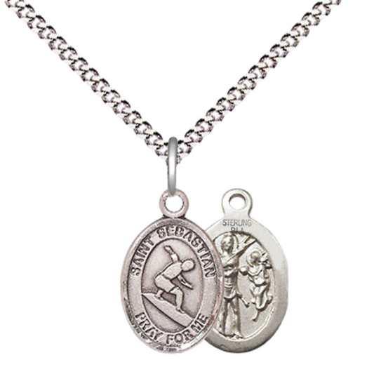 Small Sized Women's Pewter Saint St. Sebastian Surfing Medal Pendant on 18 Inch Rhodium Plated Lite Curb Brass Chain with Lobster Claw Clasp, Catholic Religious Necklace - Made in USA- Velvet Gift Box