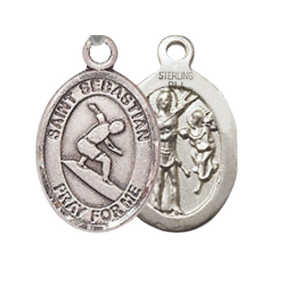 Small Sized Women's Pewter Saint St. Sebastian Surfing Medal Pendant on 18 Inch Rhodium Plated Lite Curb Brass Chain with Lobster Claw Clasp, Catholic Religious Necklace - Made in USA- Velvet Gift Box