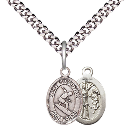 Small Sized Men's Pewter Saint St. Sebastian Surfing Medal Pendant on 24 Inch Endless Rhodium Plated Heavy Curb Brass Chain, Catholic Religious Necklace - Made in USA- Deluxe Velvet Gift Box
