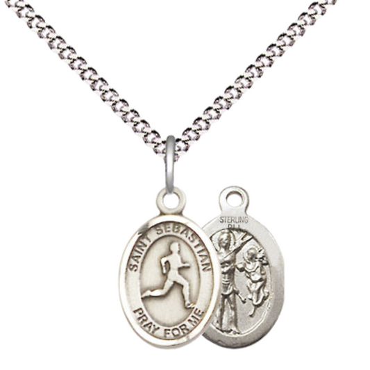 Small Sized Women's Pewter Saint St. Sebastian Track and Field Medal Pendant on 18 Inch Rhodium Plated Lite Curb Brass Chain with Lobster Claw Clasp, Catholic Religious Necklace - Made in USA- Velvet Gift Box