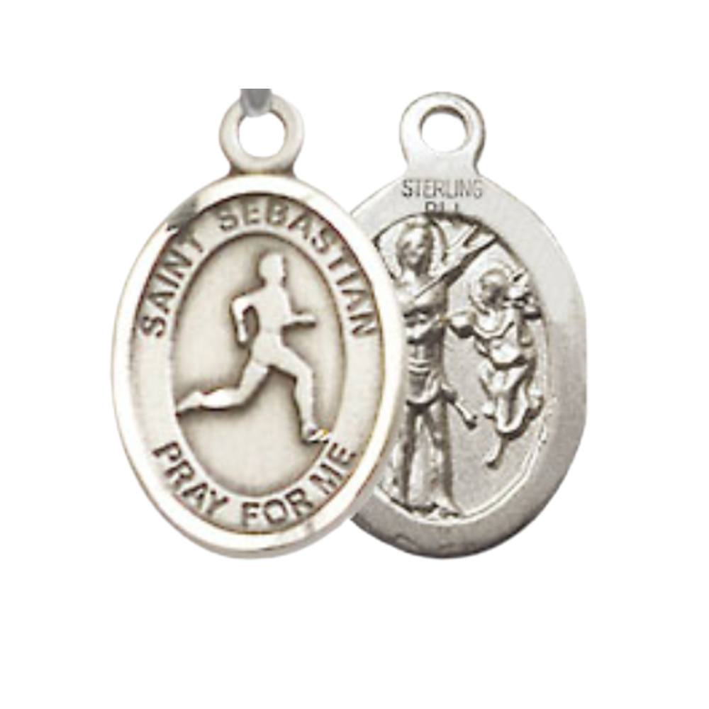 Small Sized Women's .925 Sterling Silver Saint St. Sebastian Track and Field Medal Pendant on 18 Inch Rhodium Plated Lite Curb Brass Chain w/ Lobster Claw Clasp, Catholic Religious Necklace - Made in USA- Velvet Gift Box
