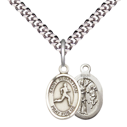 Small Sized Men's Pewter Saint St. Sebastian Track and Field Medal Pendant on 24 Inch Endless Rhodium Plated Heavy Curb Brass Chain, Catholic Religious Necklace - Made in USA- Deluxe Velvet Gift Box