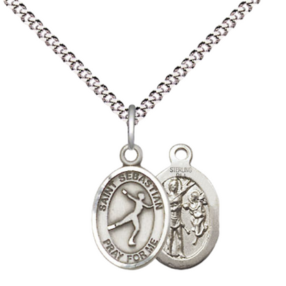 Small Sized Women's .925 Sterling Silver Saint St. Sebastian Figure Skating Medal Pendant on 18 Inch Rhodium Plated Lite Curb Brass Chain w/ Lobster Claw Clasp, Catholic Religious Necklace - Made in USA- Velvet Gift Box