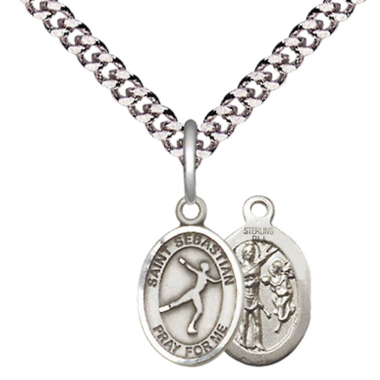 Small Sized Men's Pewter Saint St. Sebastian Figure Skating Medal Pendant on 24 Inch Endless Rhodium Plated Heavy Curb Brass Chain, Catholic Religious Necklace - Made in USA- Deluxe Velvet Gift Box