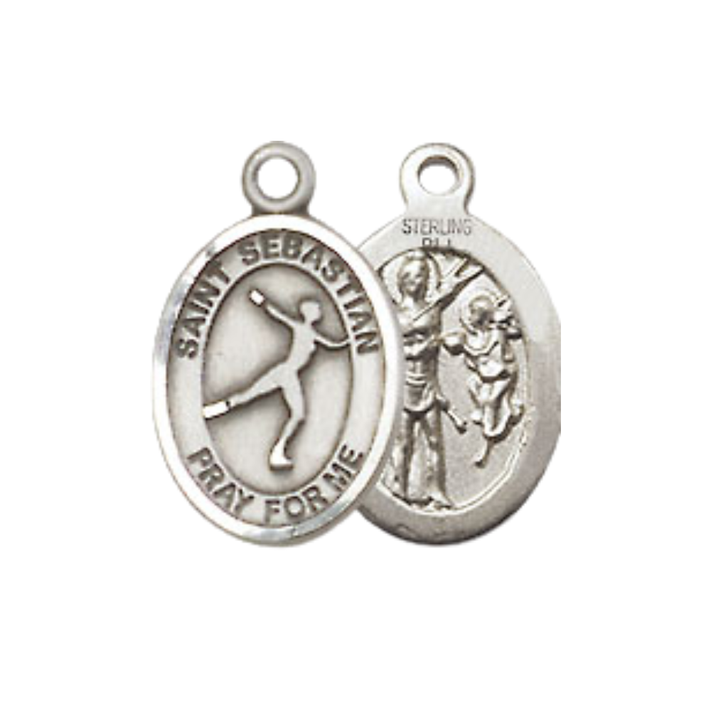 Small Sized Women's Pewter Saint St. Sebastian Figure Skating Medal Pendant on 18 Inch Rhodium Plated Lite Curb Brass Chain with Lobster Claw Clasp, Catholic Religious Necklace - Made in USA- Velvet Gift Box