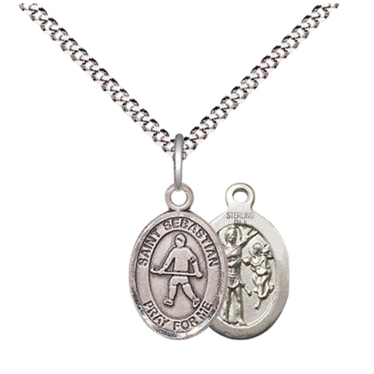 Small Sized Women's Pewter Saint St. Sebastian Field Hockey Medal Pendant on 18 Inch Rhodium Plated Lite Curb Brass Chain with Lobster Claw Clasp, Catholic Religious Necklace - Made in USA- Velvet Gift Box