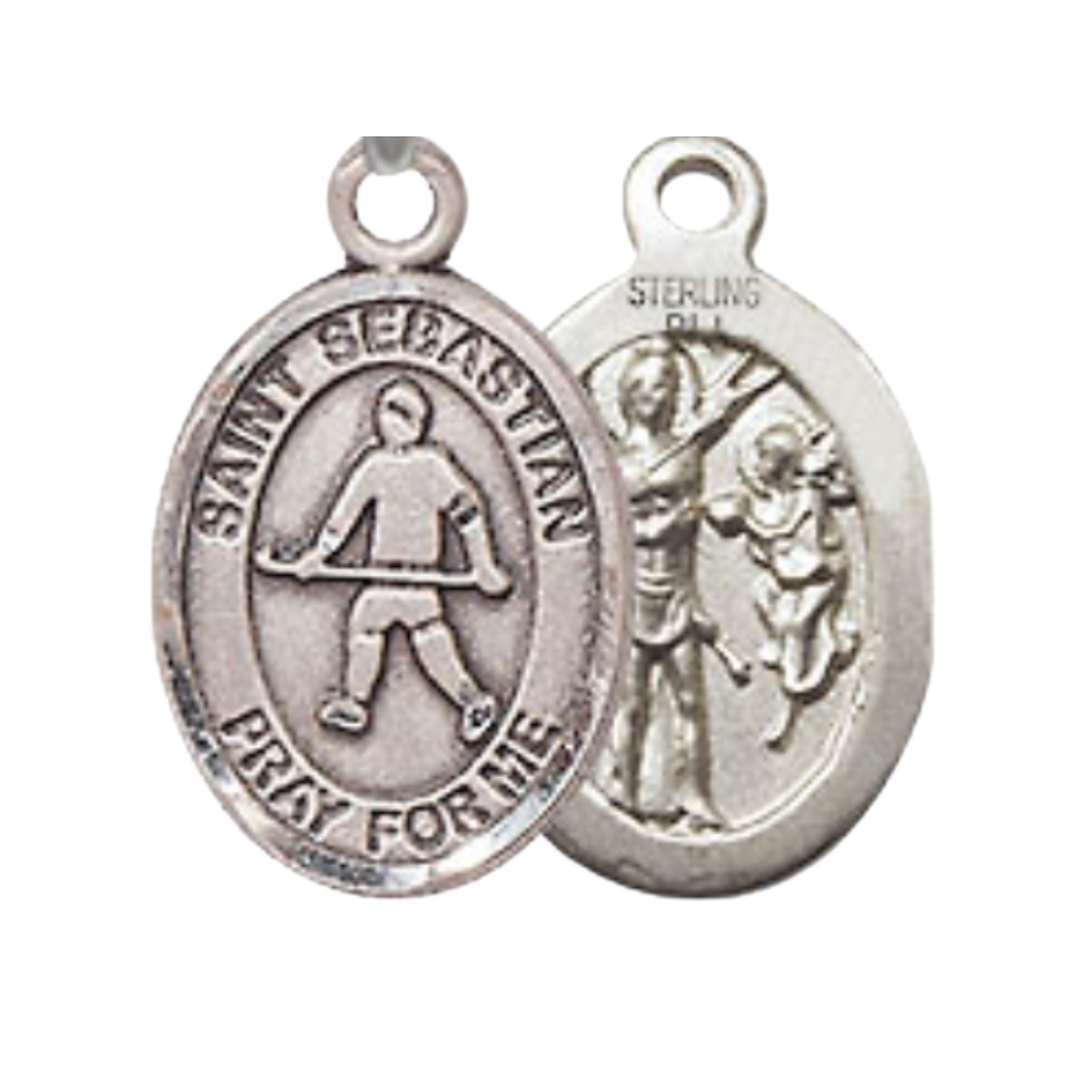 Small Sized Women's Pewter Saint St. Sebastian Field Hockey Medal Pendant on 18 Inch Rhodium Plated Lite Curb Brass Chain with Lobster Claw Clasp, Catholic Religious Necklace - Made in USA- Velvet Gift Box