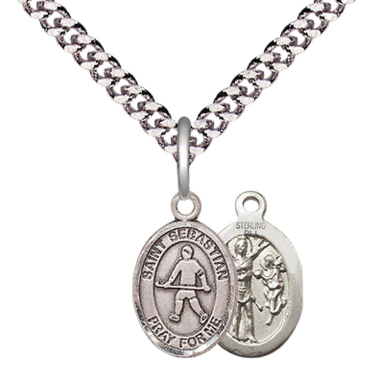 Small Sized Men's .925 Sterling Silver Saint St. Sebastian Field Hockey Medal Pendant on 24 Inch Endless Rhodium Plated Heavy Curb Brass Chain, Catholic Religious Necklace - Made in USA- Deluxe Velvet Gift Box