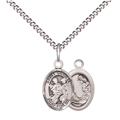 Small Sized Women's Pewter Saint St. Cecilia Marching Band Medal Pendant on 18 Inch Rhodium Plated Lite Curb Brass Chain with Lobster Claw Clasp, Catholic Religious Necklace - Made in USA- Velvet Gift Box