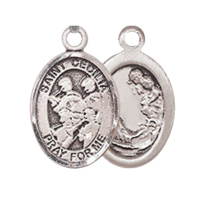 Small Sized Women's .925 Sterling Silver Saint St. Cecilia Marching Band Medal Pendant on 18 Inch Rhodium Plated Lite Curb Brass Chain w/ Lobster Claw Clasp, Catholic Religious Necklace - Made in USA- Velvet Gift Box