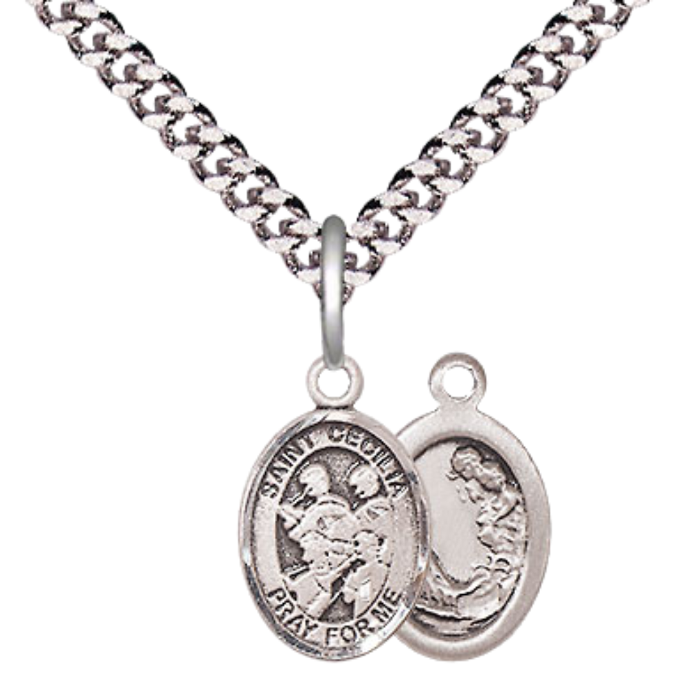 Small Sized Men's Pewter Saint St. Cecilia Marching Band Medal Pendant on 24 Inch Endless Rhodium Plated Heavy Curb Brass Chain, Catholic Religious Necklace - Made in USA- Deluxe Velvet Gift Box